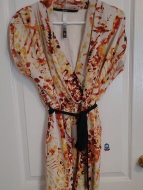 Kensie Cream Wrap Dress with Yellow and Rust Floral Print